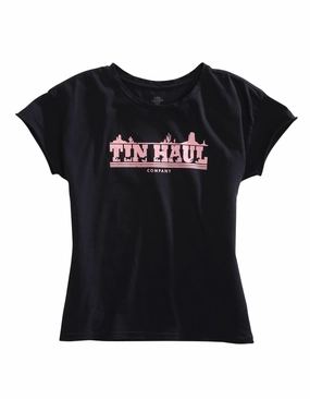 Tin Haul Womens Black 100% Cotton Pink Running Horses S/S T-Shirt slim cut Flex Fit Collar