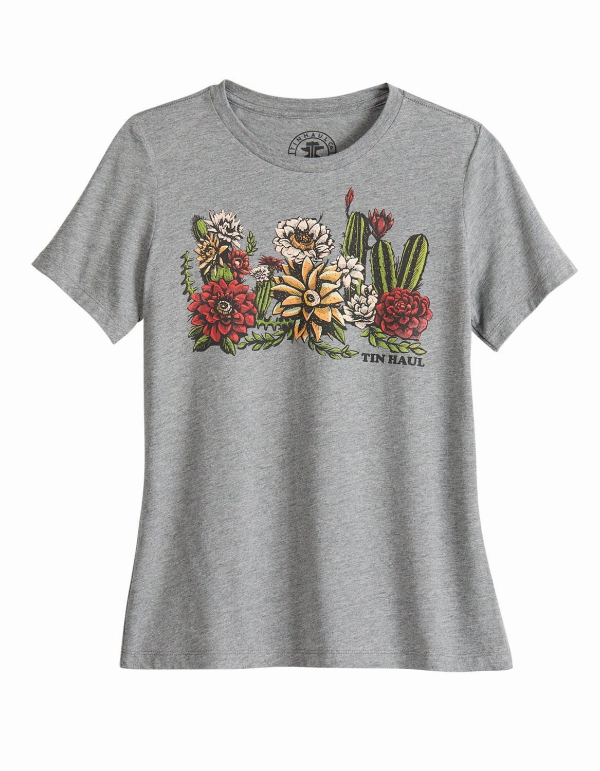 Tall friendly Easy Care Tin Haul Womens Cactus Garden Grey Cotton Blend S/S T-Shirt