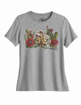 Tall friendly Easy Care Tin Haul Womens Cactus Garden Grey Cotton Blend S/S T-Shirt