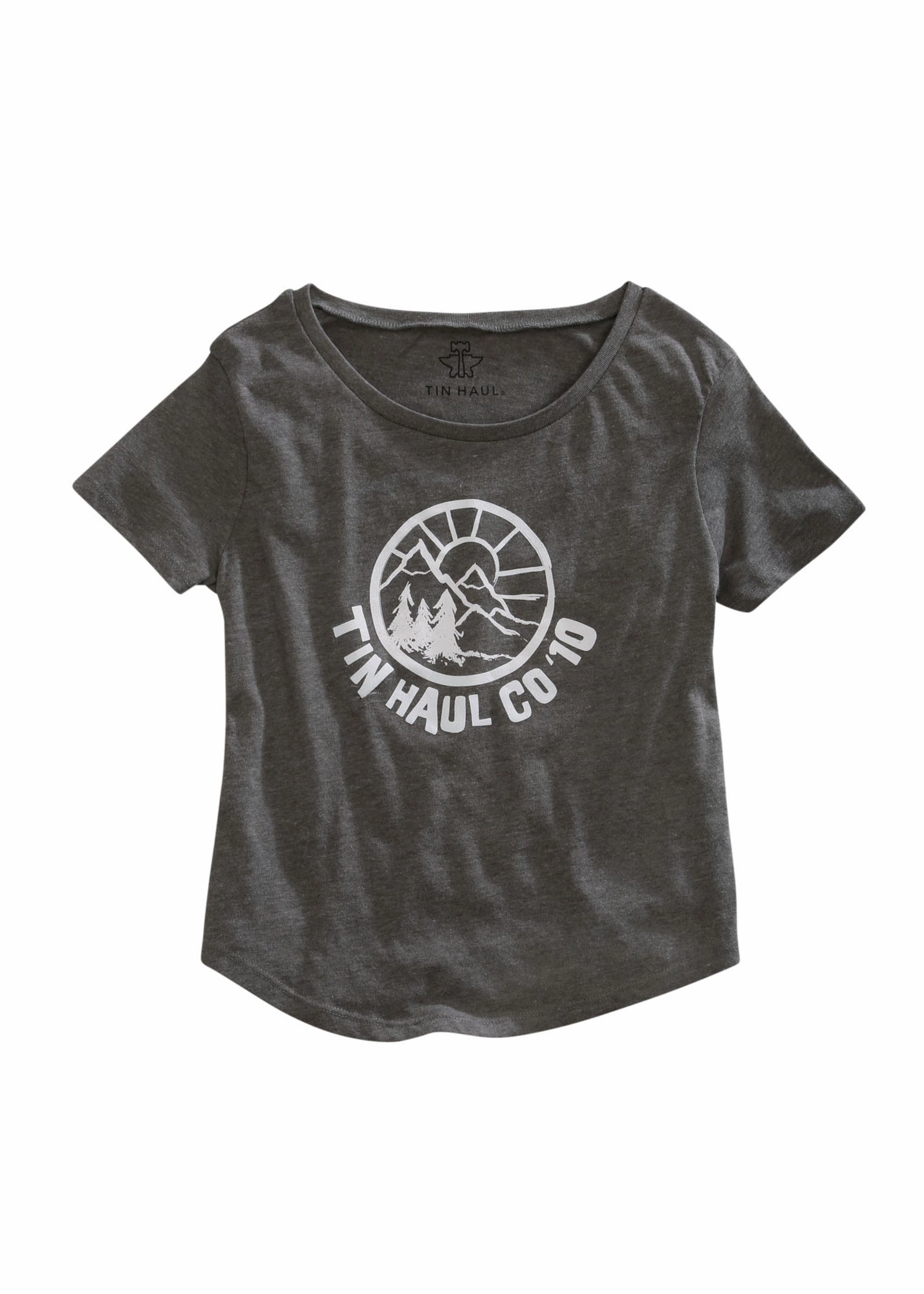 Non Iron Breathable Lining Tin Haul Womens Circle Mountain Scene Grey 100% Cotton S/S T-Shirt