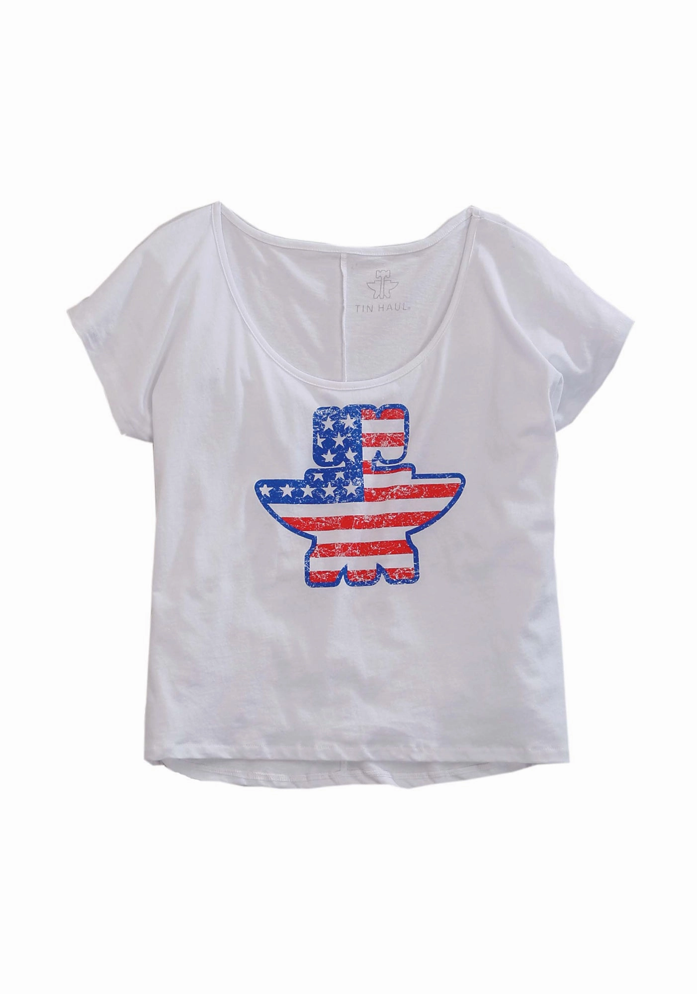 Eco-Friendly Fabric Solid Color Tin Haul Womens Flag Anvil Logo White Cotton Blend S/S T-Shirt
