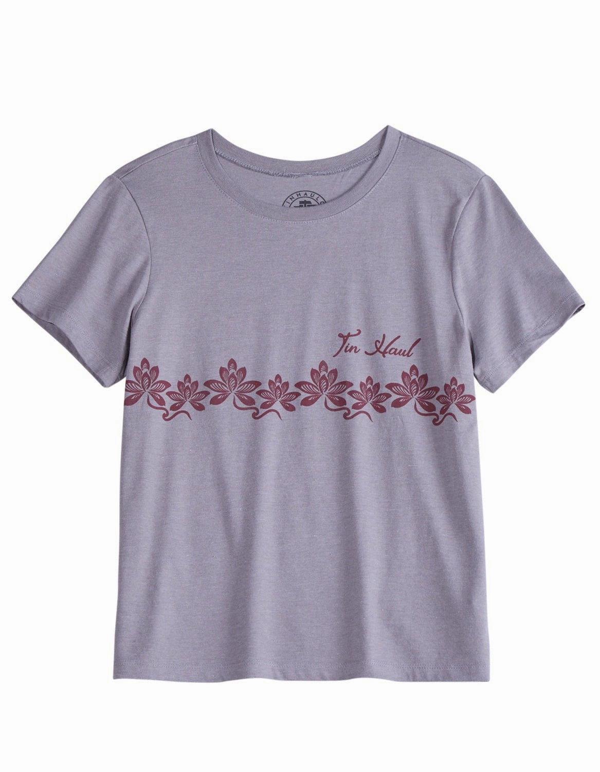 Night Out Tin Haul Womens Floral Border Grey Cotton Blend S/S T-Shirt
