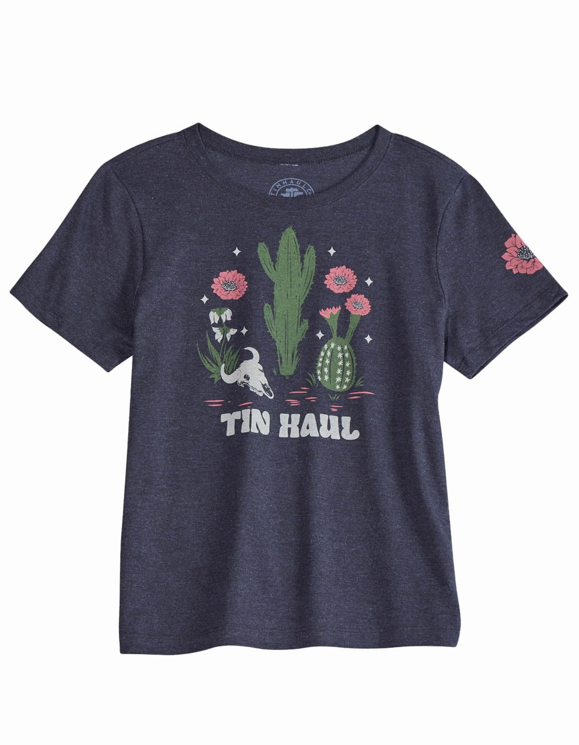 Contemporary Design Youthful Appeal Tin Haul Womens Flower And Cactus Black Cotton Blend S/S T-Shirt