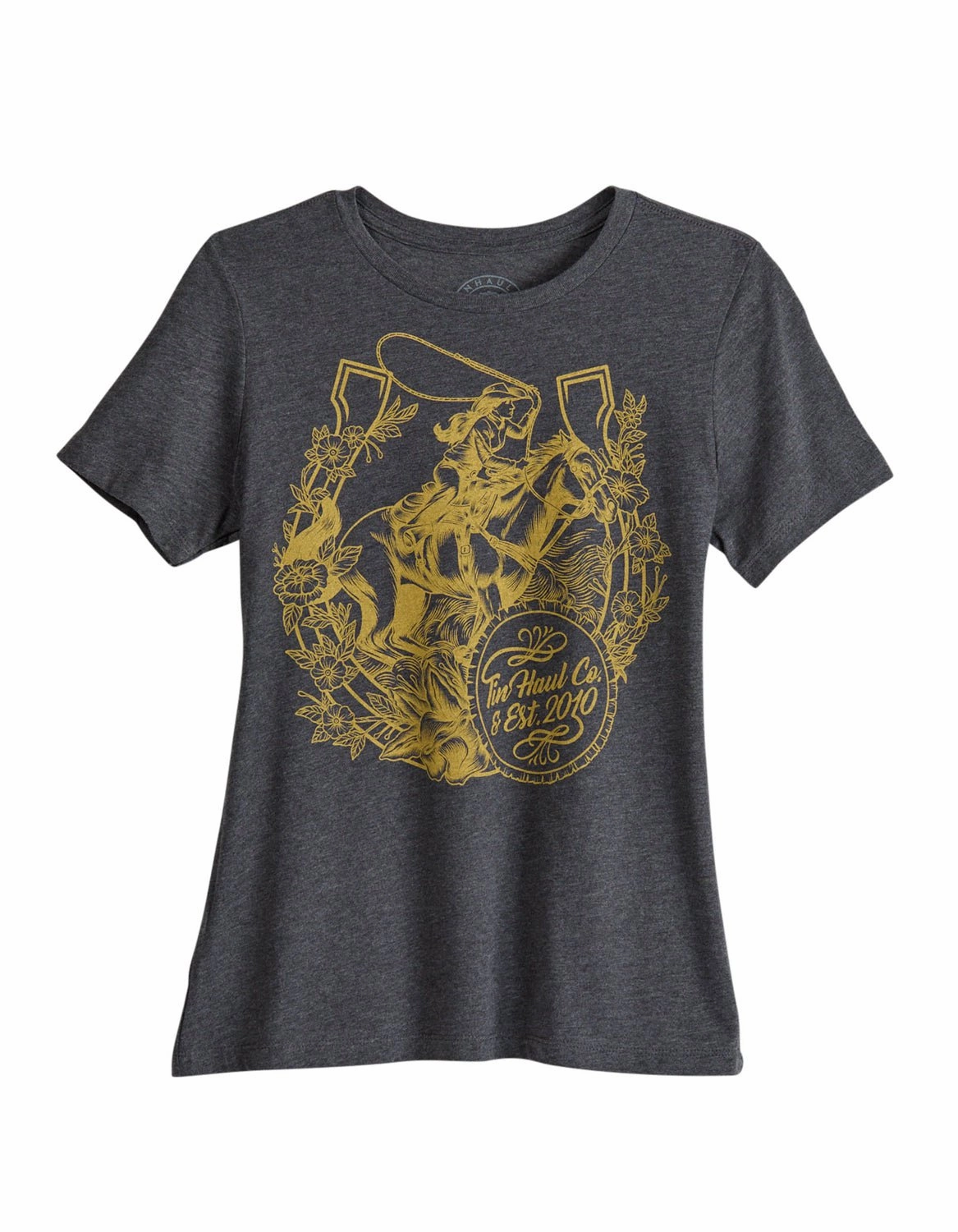 Tin Haul Womens Girl Horse and Horseshoe Grey Cotton Blend S/S T-Shirt Winter Retreat Fall Foliage