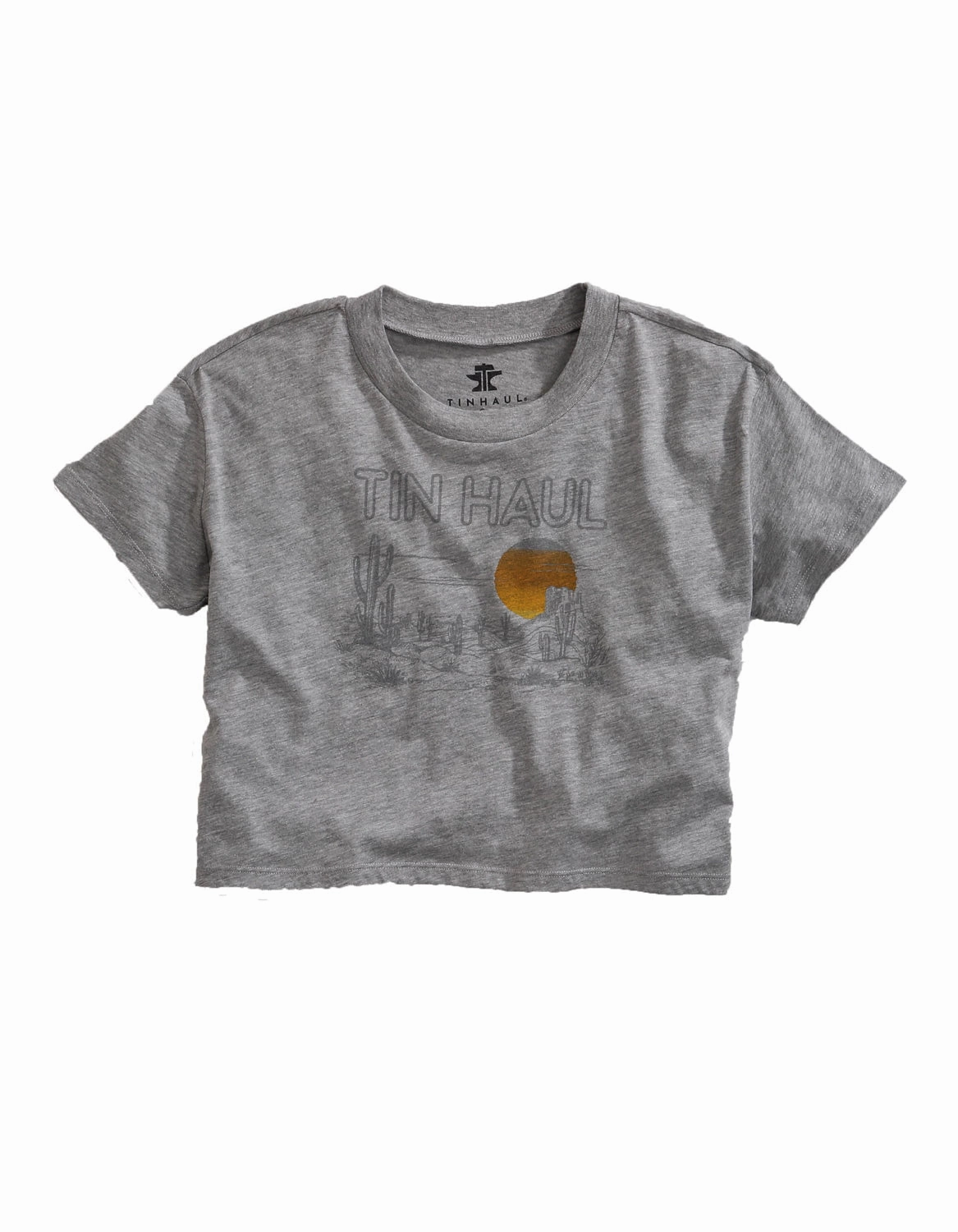 Two Tone Stitching Performance Fabric Tin Haul Womens Grey Cotton Blend Desert Scenery S/S Crop T-Shirt