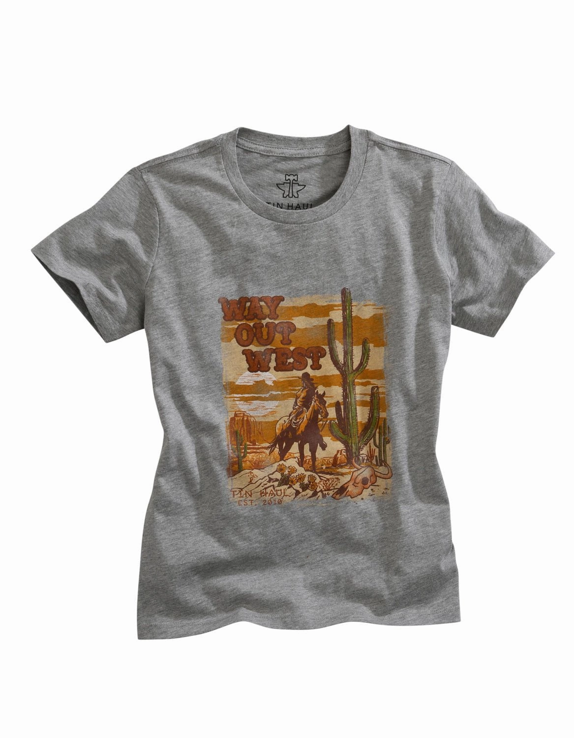 Tin Haul Womens Heather Grey Cotton Blend Way Out West S/S T-Shirt Road Trip Ready