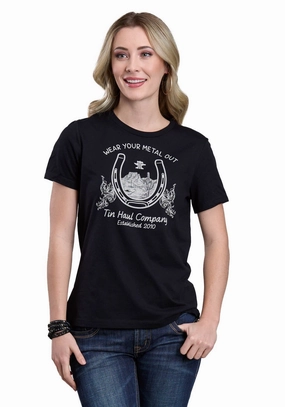 Tin Haul Womens Horseshoe With Scenery Black Cotton Blend S/S T-Shirt Contemporary Design Reinforced Elasticity