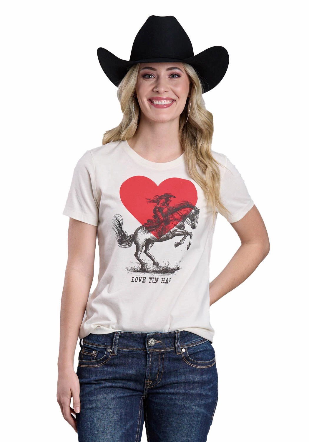 Multi Pocket Design Tin Haul Womens Love Cowgirl In A Heart Natural Cotton Blend S/S T-Shirt