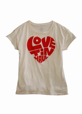 Tin Haul Womens White 100% Cotton Love Heart S/S T-Shirt Tropical theme Student Essential