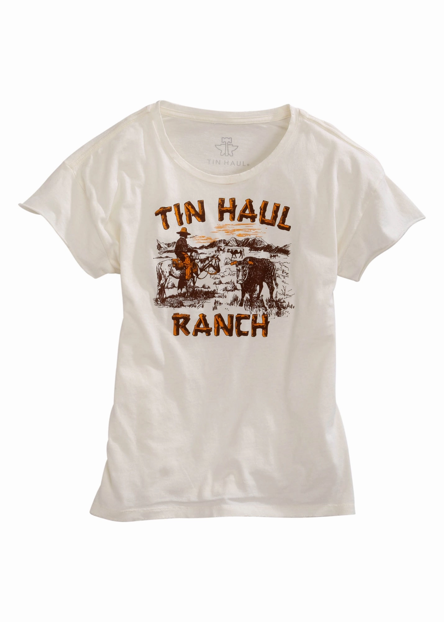 Structured Shoulder Support Tin Haul Womens White 100% Cotton Ranch Scene S/S T-Shirt
