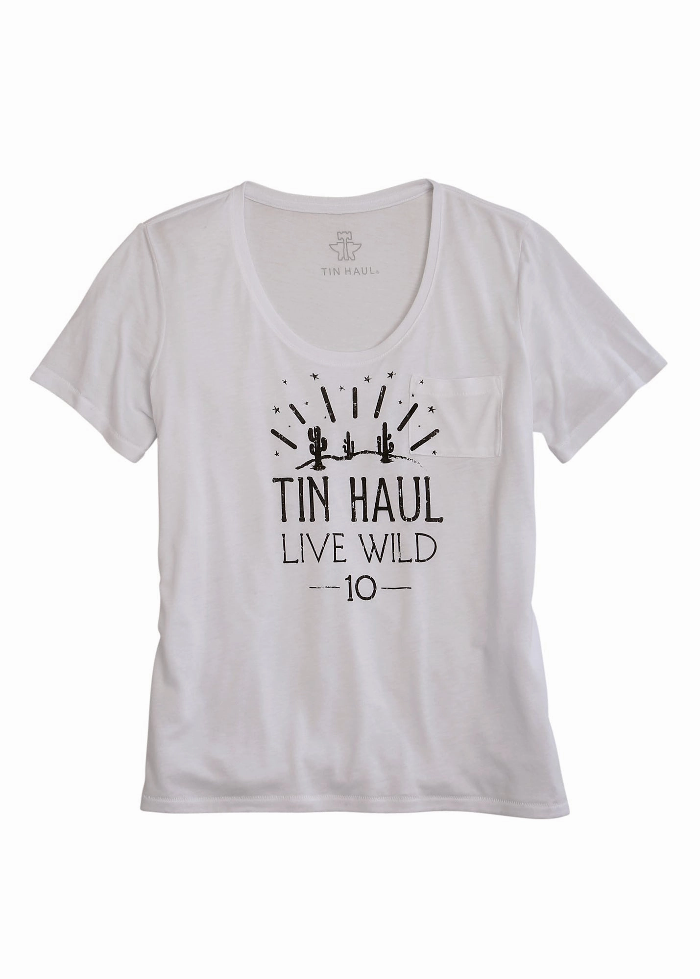 Tin Haul Womens White Polyester Live Wild 10 S/S Cactus T-Shirt Summer Vibes Lakeside Relaxation