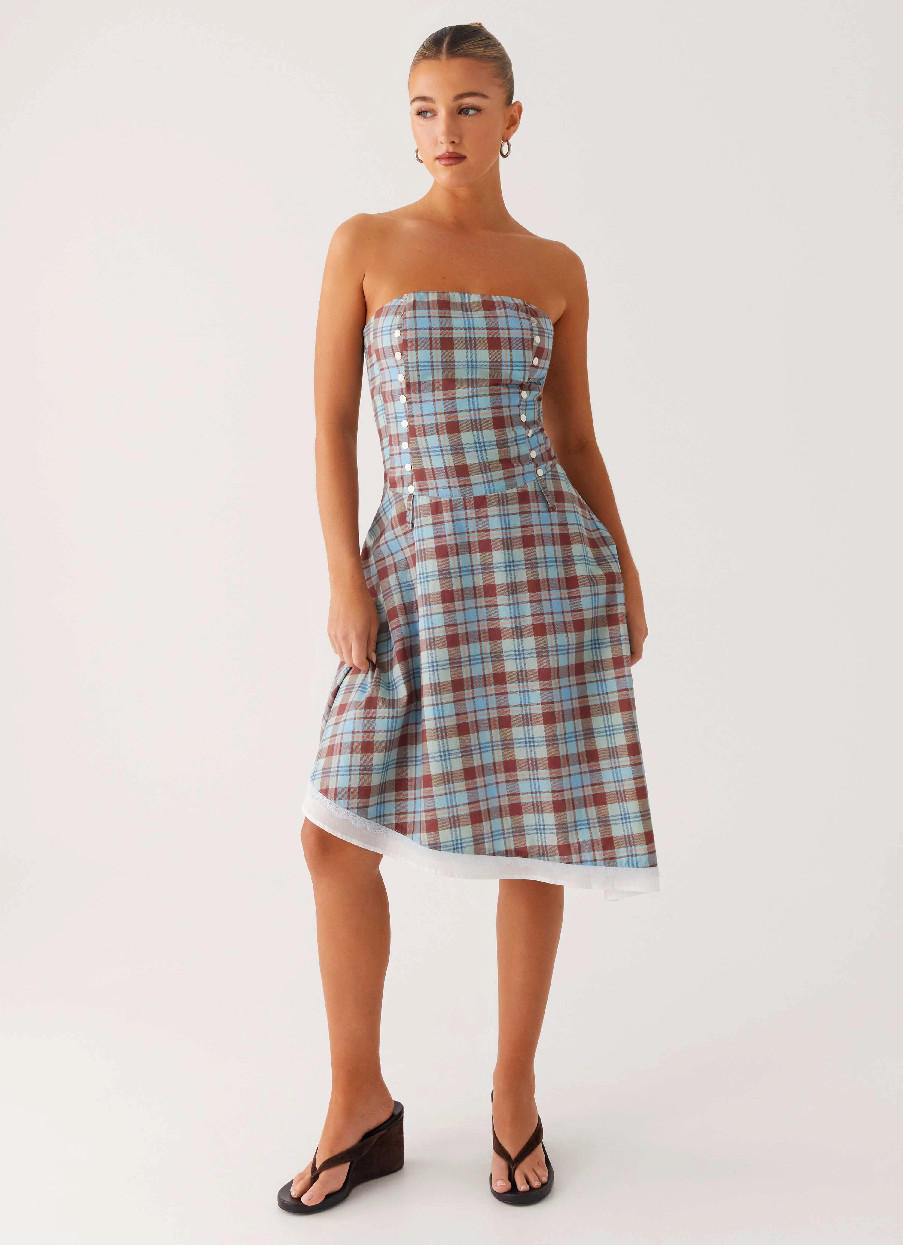 Tonie Strapless Midi Dress - Shoreline Check Fresh Motion Versatile and Comfortable