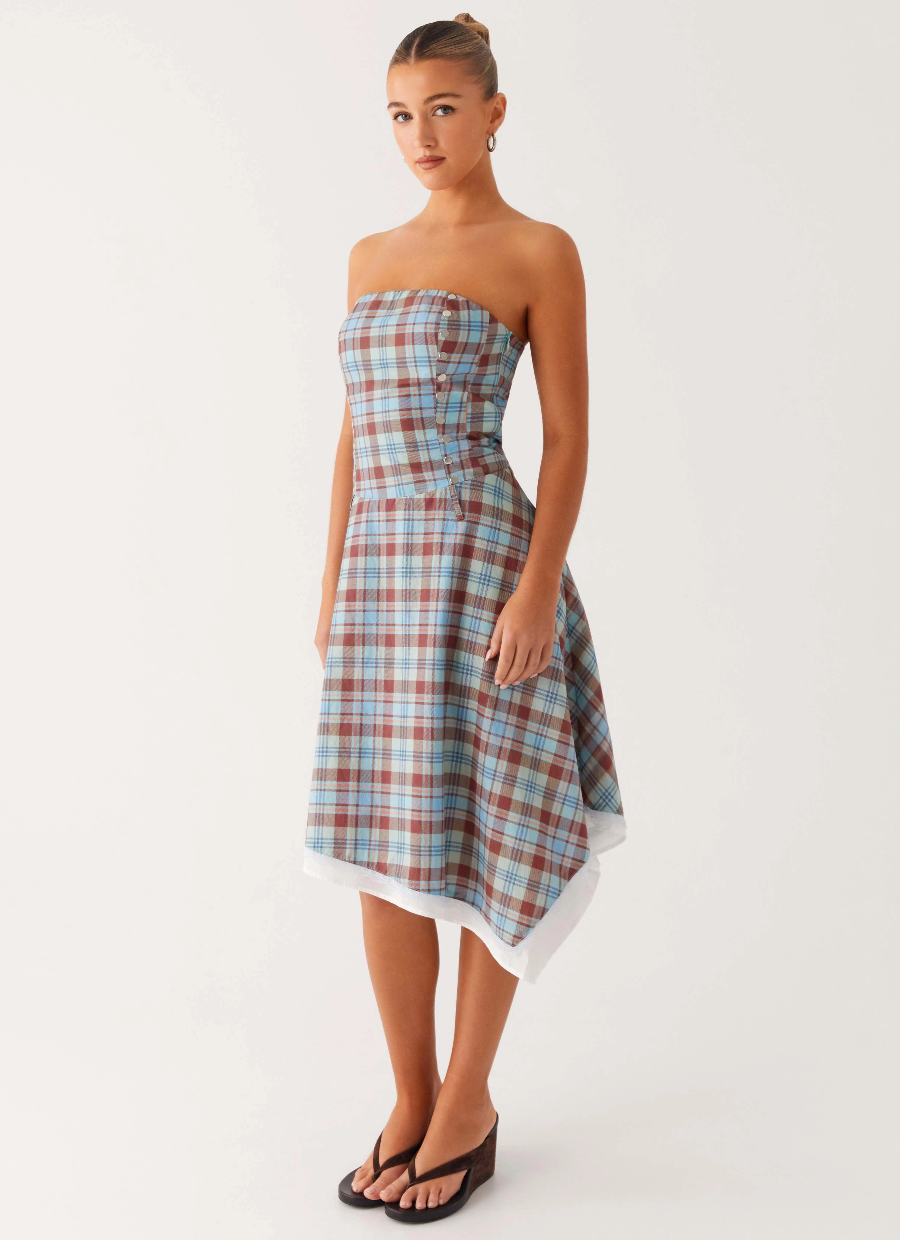 Tonie Strapless Midi Dress - Shoreline Check Grace Glow