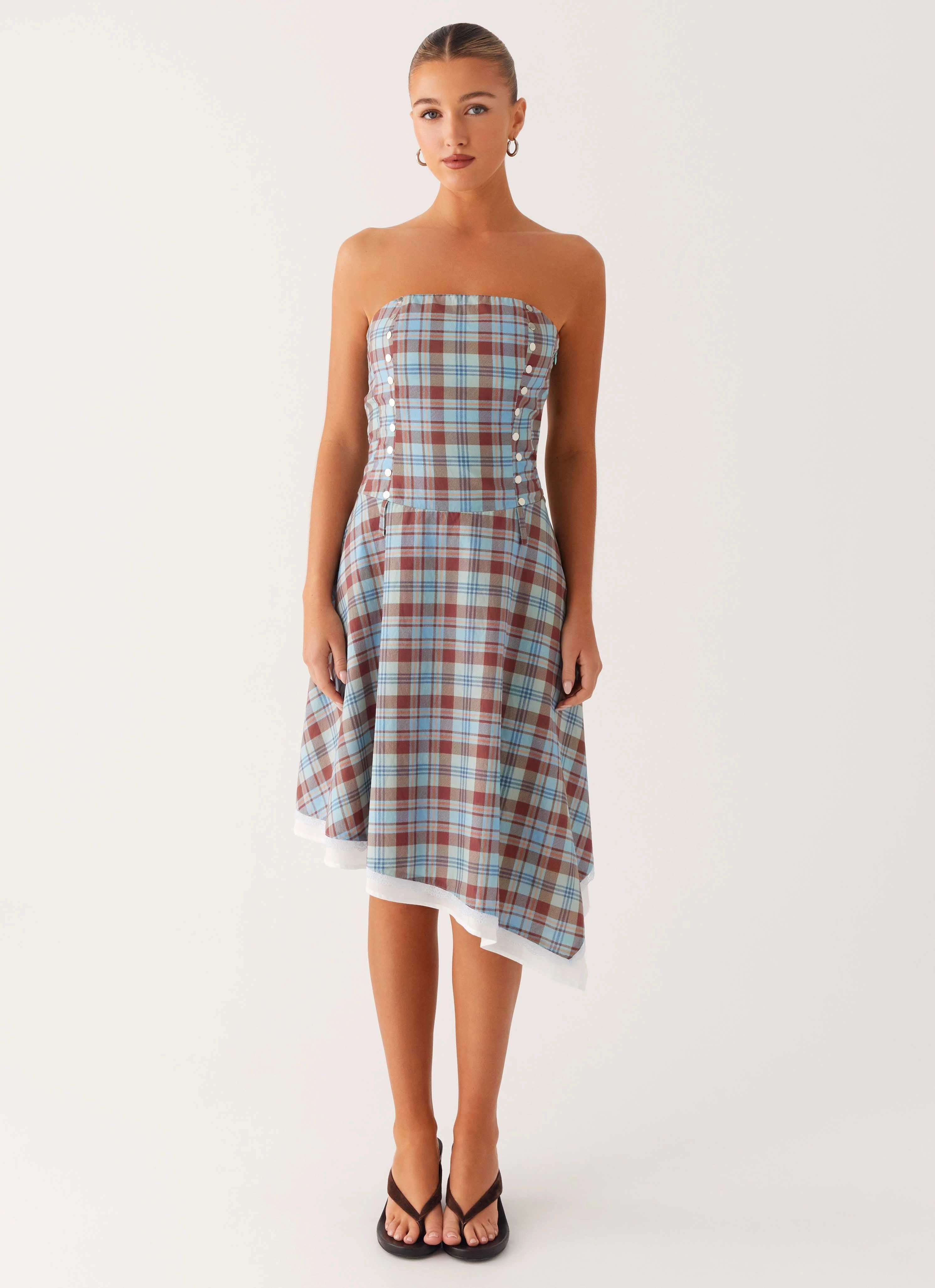 Fashion Daily Tonie Strapless Midi Dress - Shoreline Check