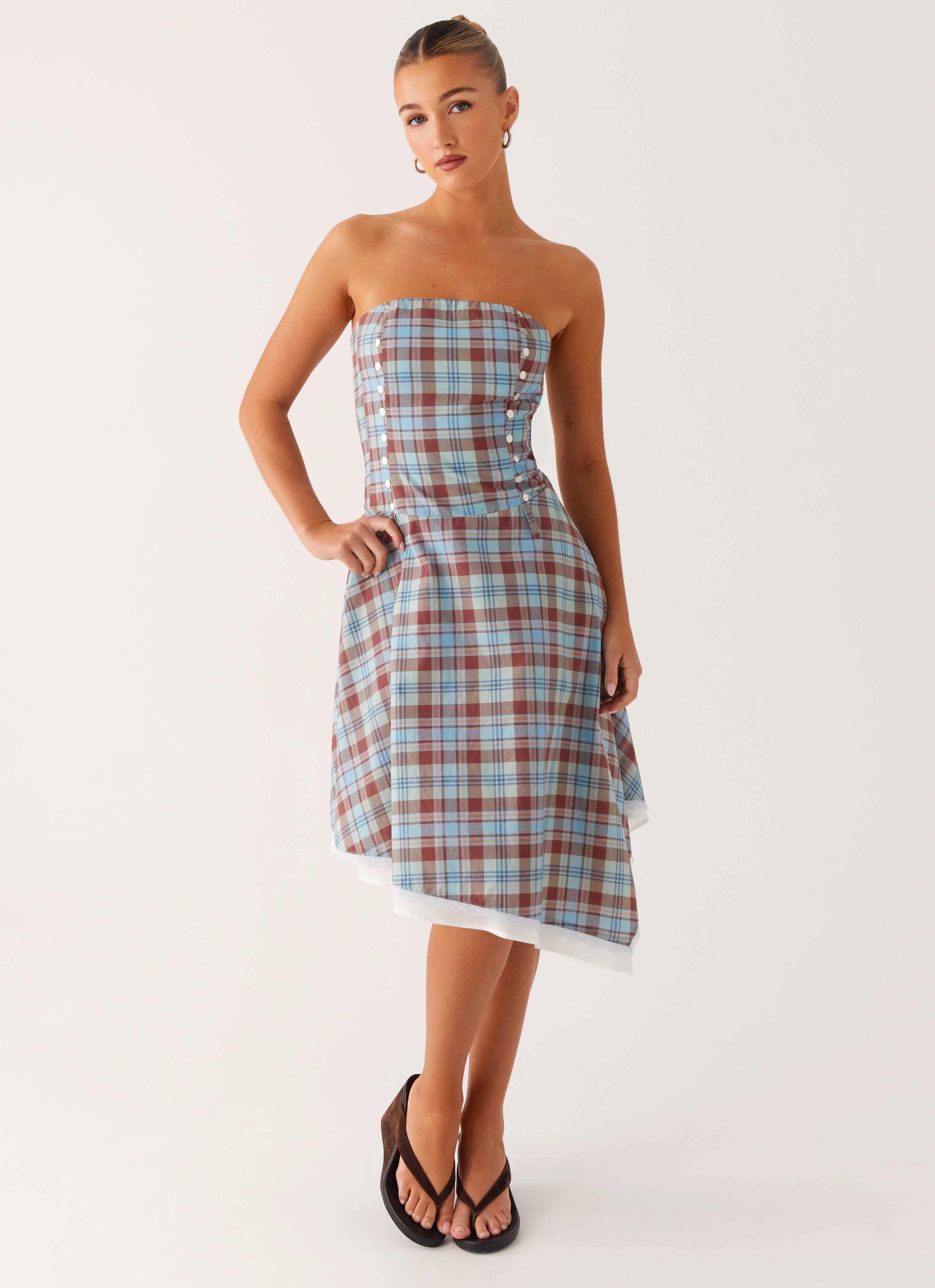 Gentle Fit Tonie Strapless Midi Dress - Shoreline Check