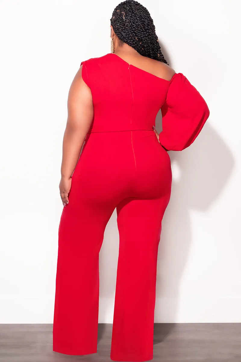 Final Sale Plus Size Balloon Sleeve Jumpsuit with Tie in Red Denim finish