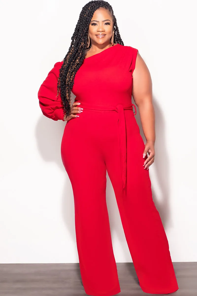Easy Wear Long Use Final Sale Plus Size Balloon Sleeve Jumpsuit with Tie in Red
