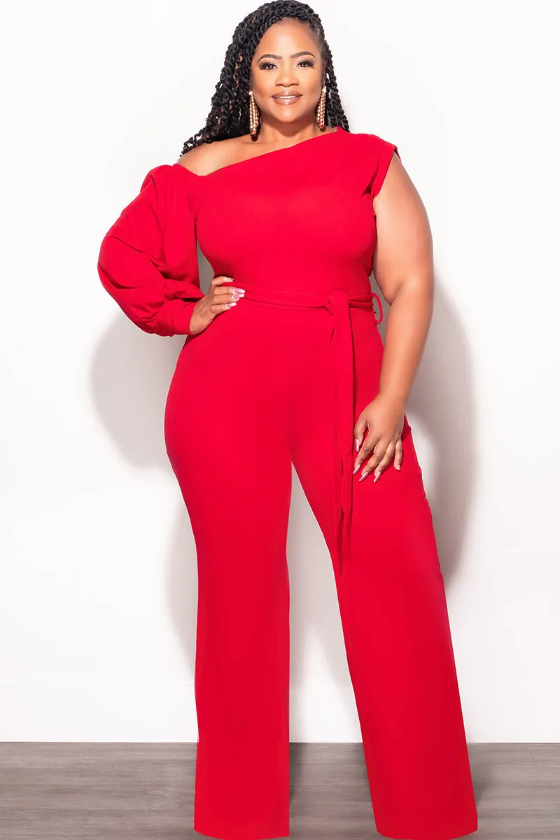 Final Sale Plus Size Balloon Sleeve Jumpsuit with Tie in Red Flexibility Fit High Stretch Fit
