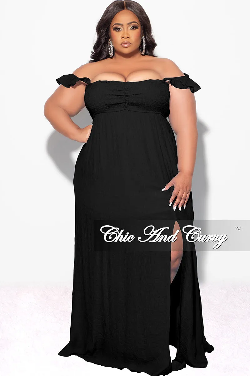 Final Sale Plus Size Off the Shoulder Smocked Maxi Dress in Black Slimline Fit FadeResistantTreatment