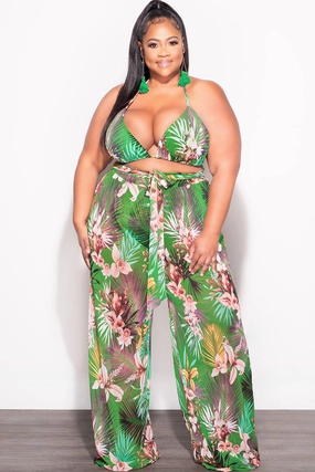 Final Sale Plus Size 3pc Set Mesh Bikini Top, Briefs & Pants in Green Tropical Print Movement Ready Fit Rugged Fit