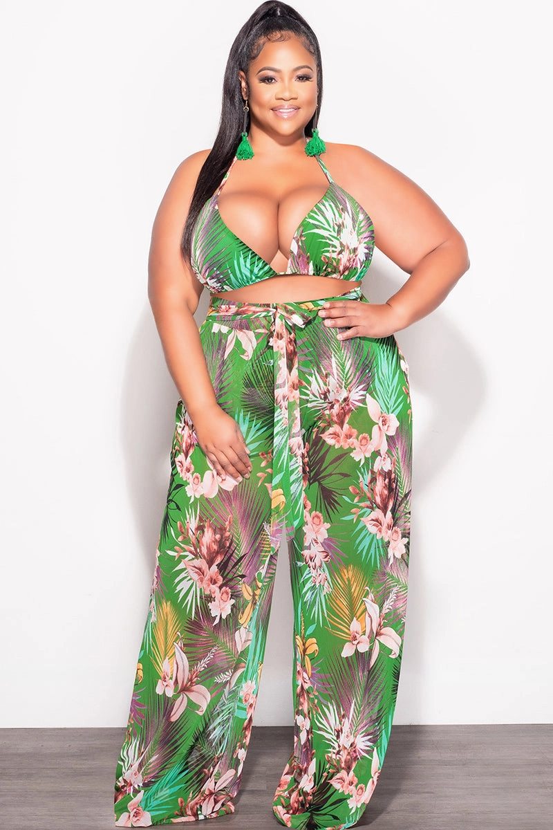 Reinforced Pockets Final Sale Plus Size 3pc Set Mesh Bikini Top, Briefs & Pants in Green Tropical Print