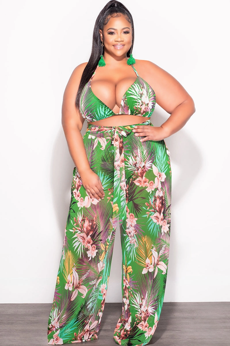 Breathable activewear Flattering Fit Final Sale Plus Size 3pc Set Mesh Bikini Top, Briefs & Pants in Green Tropical Print