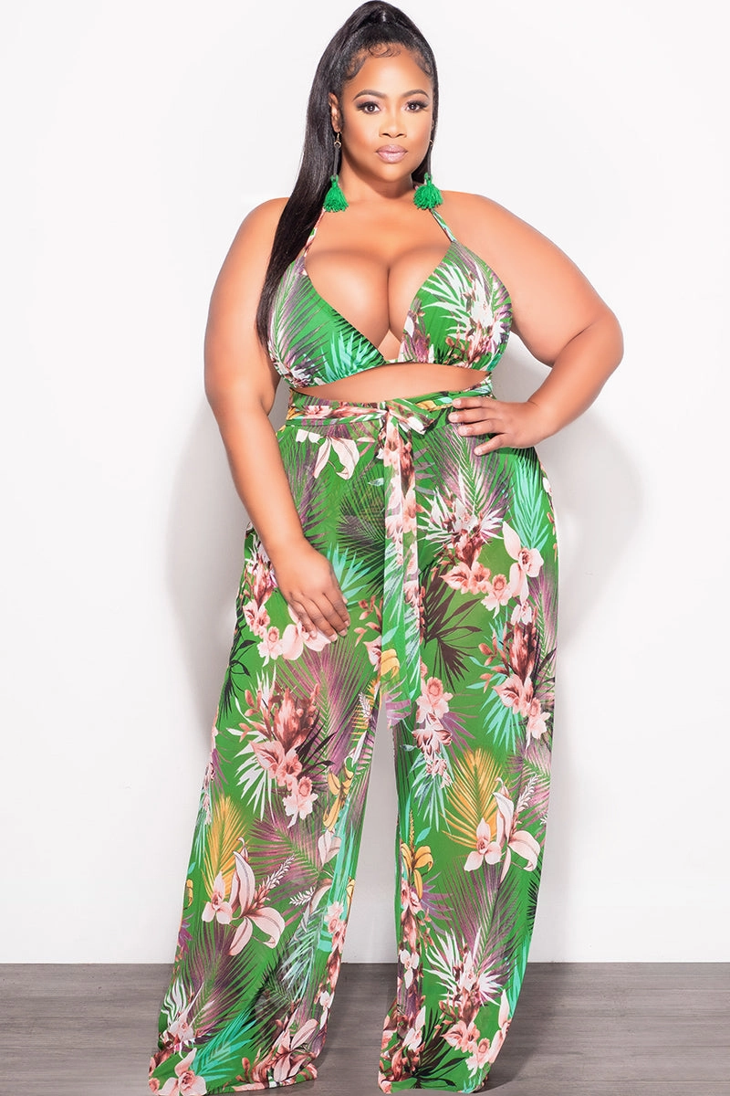 Fresh Fit Easy Stretch Fit Final Sale Plus Size 3pc Set Mesh Bikini Top, Briefs & Pants in Green Tropical Print