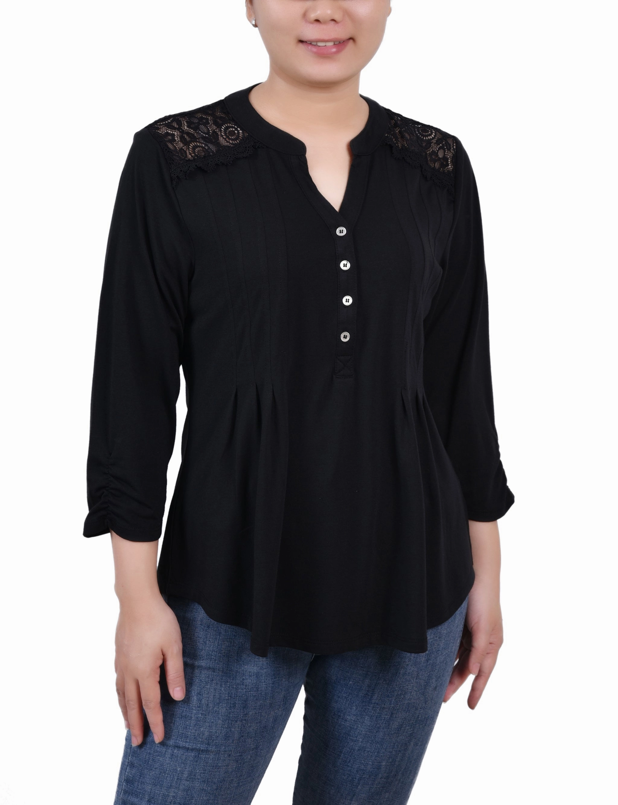 Rouched Sleeve Pintuck Top Reflective Accent Trim ContrastPlacket