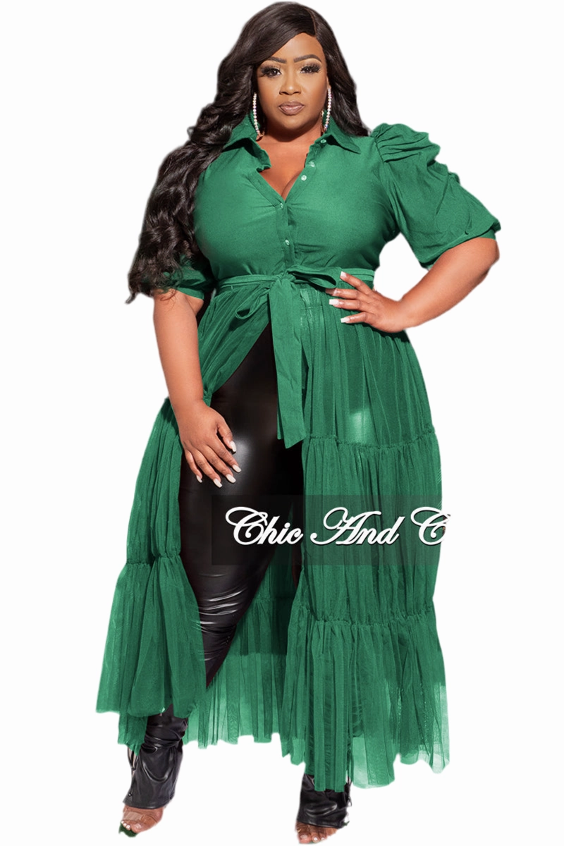 Simple Silhouette Active Flex Final Sale Plus Size Puffy Sleeve Button Up Top with Mesh Train in Green