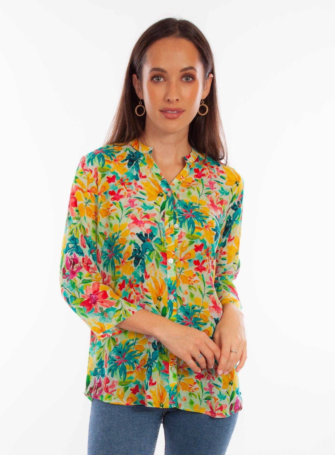 Scully Womens Tropical Print Tropical Viscose 3/4 Sleeve S/S Blouse Chic Design Year-Round Favorite