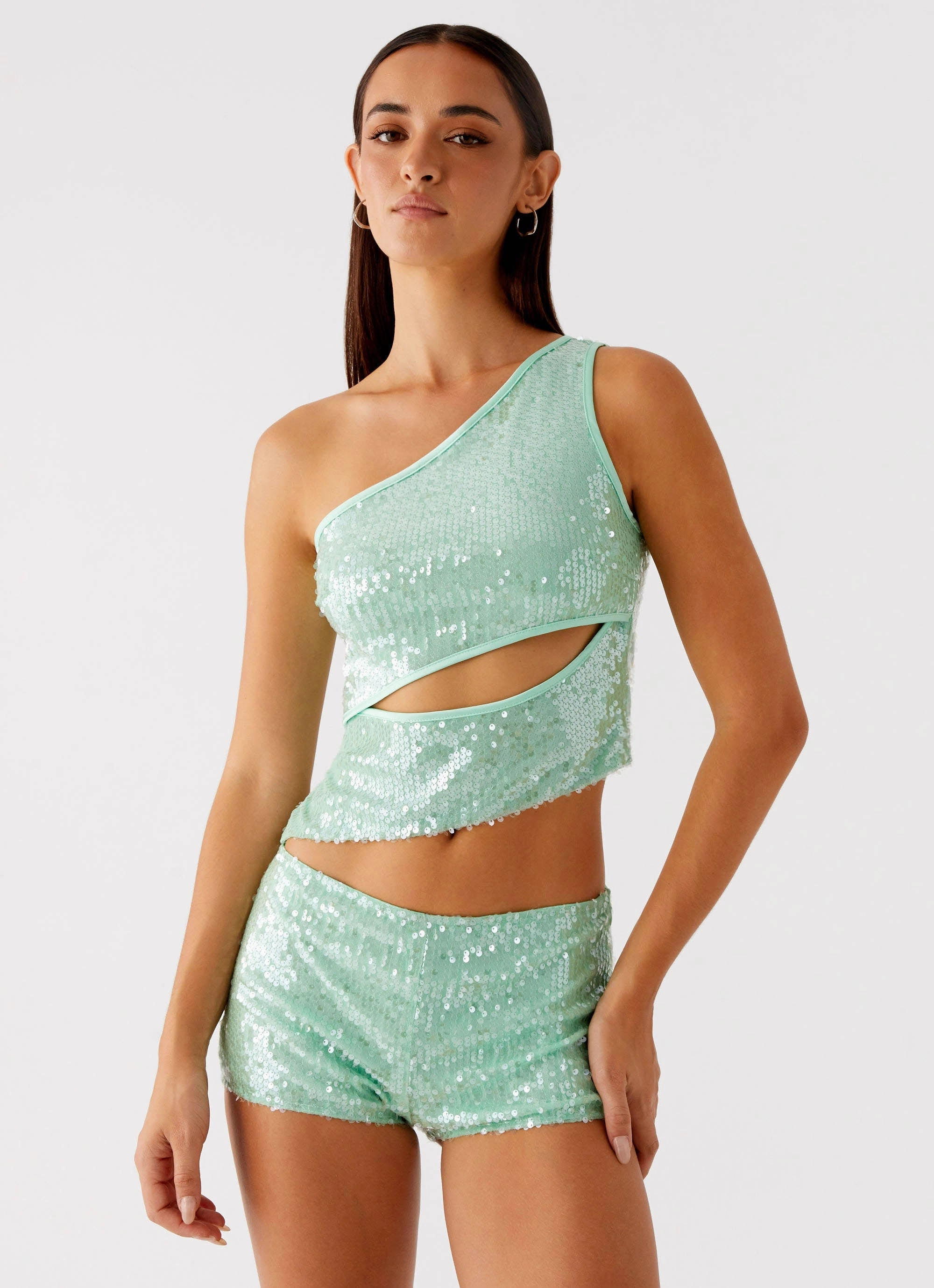 WideNeckline Airflow Ventilation Travis Sequin Top - Sage