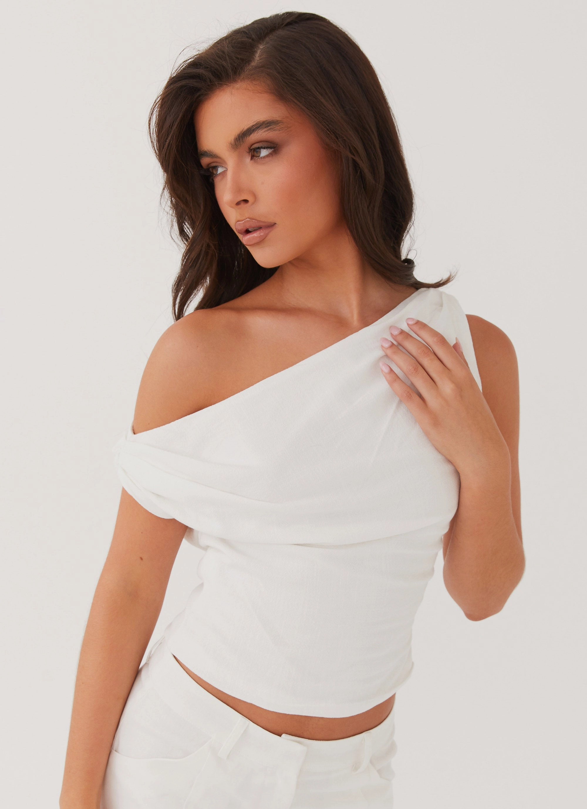 Marissa Linen One Shoulder Top - White perforated design