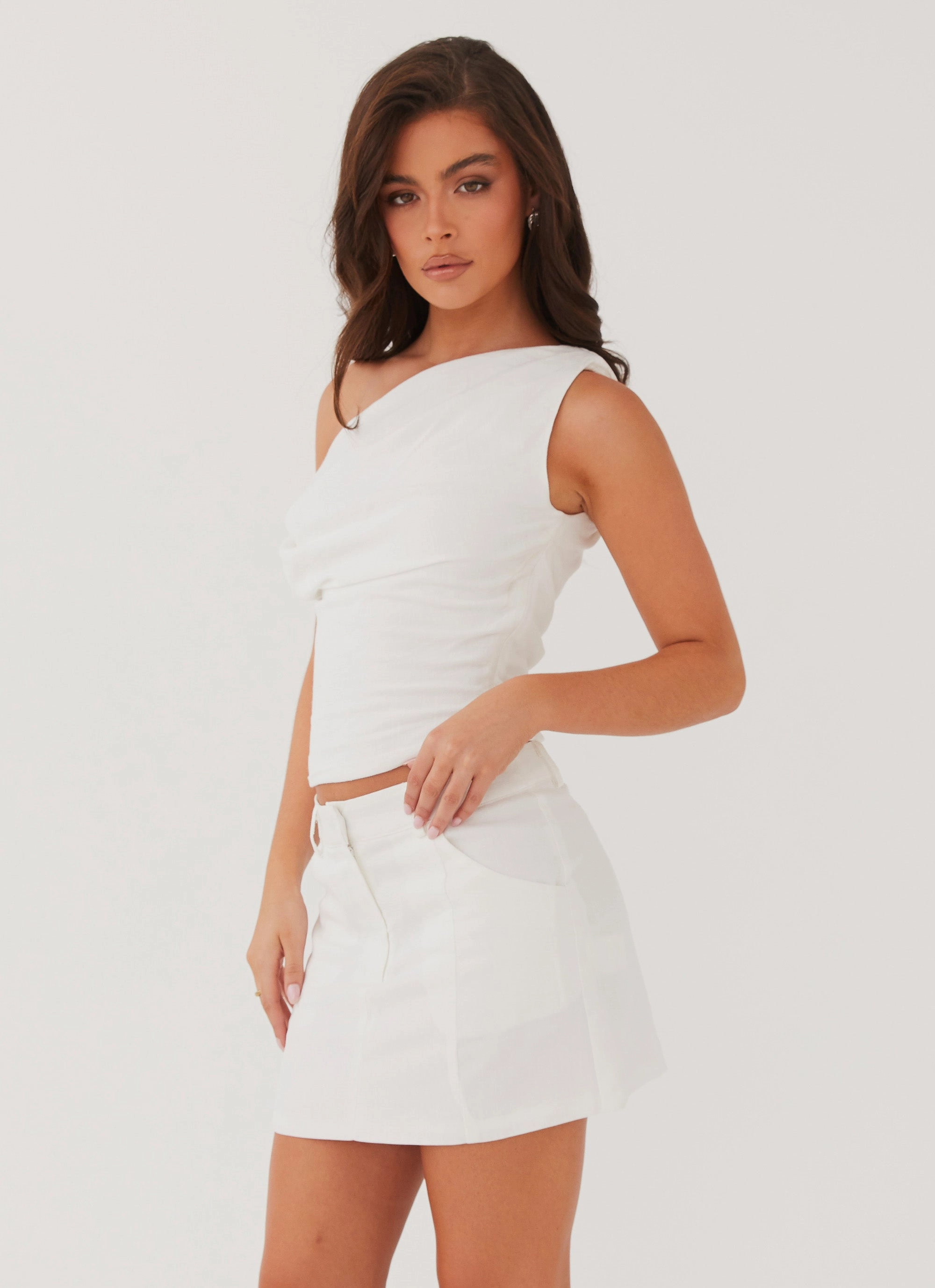 Marissa Linen One Shoulder Top - White Vibe Shot