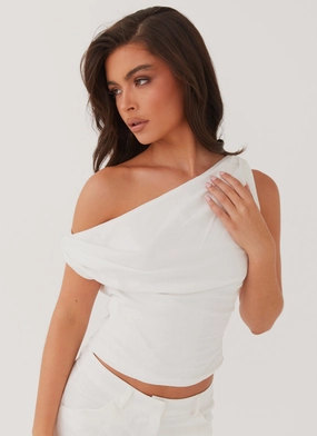 Marissa Linen One Shoulder Top - White perforated design