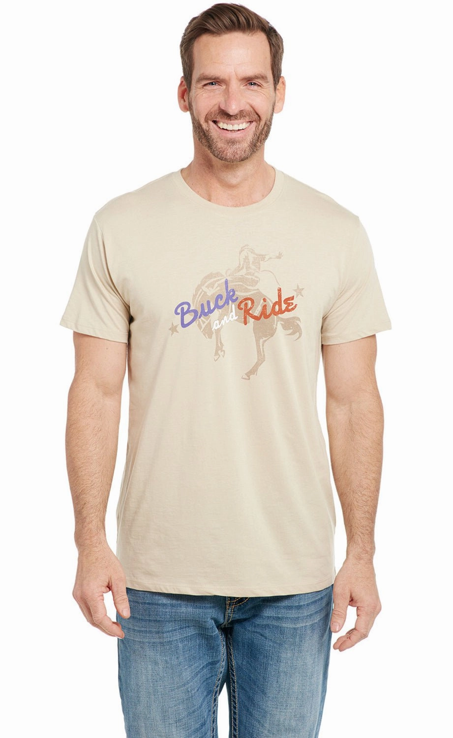 High Density Cotton Sport Flex Cowboy Up Mens Buck and Ride Heather Oatmeal Cotton Blend S/S T-Shirt