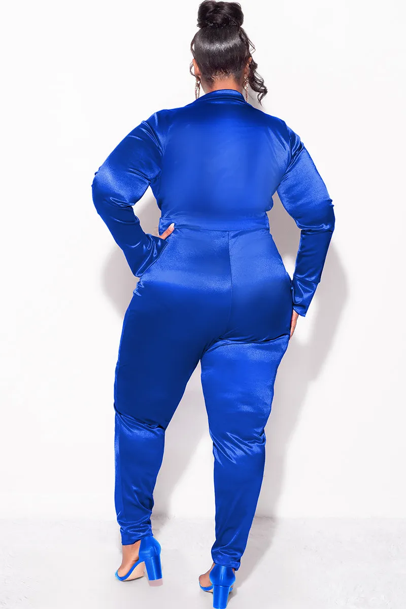 Final Sale Plus Size 2-Piece Satin Collared Faux Wrap Bodysuit and Pants Set in Royal Blue Chic Comfort Quality Material