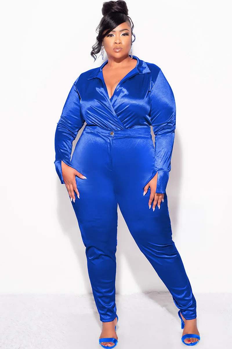 Final Sale Plus Size 2-Piece Satin Collared Faux Wrap Bodysuit and Pants Set in Royal Blue TearResistantMaterial