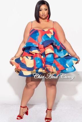 Final Sale Plus Size Spaghetti Strap Tiered Ruffle Mini Dress in Red Yellow and Turquoise Multi Color Multi Panel Construction