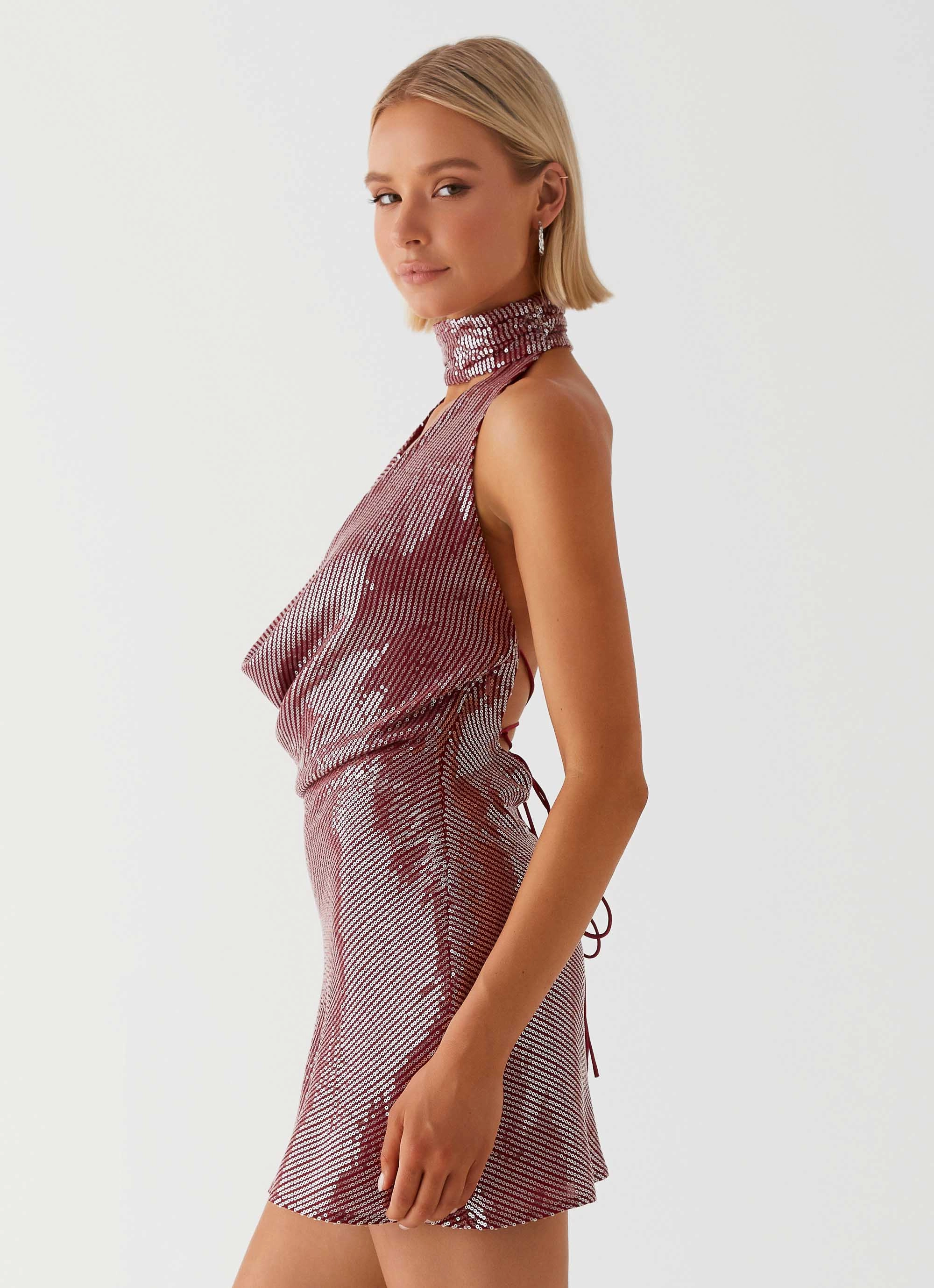 Nora Sequin Cowl Neck Mini Dress - Red Romance Glow