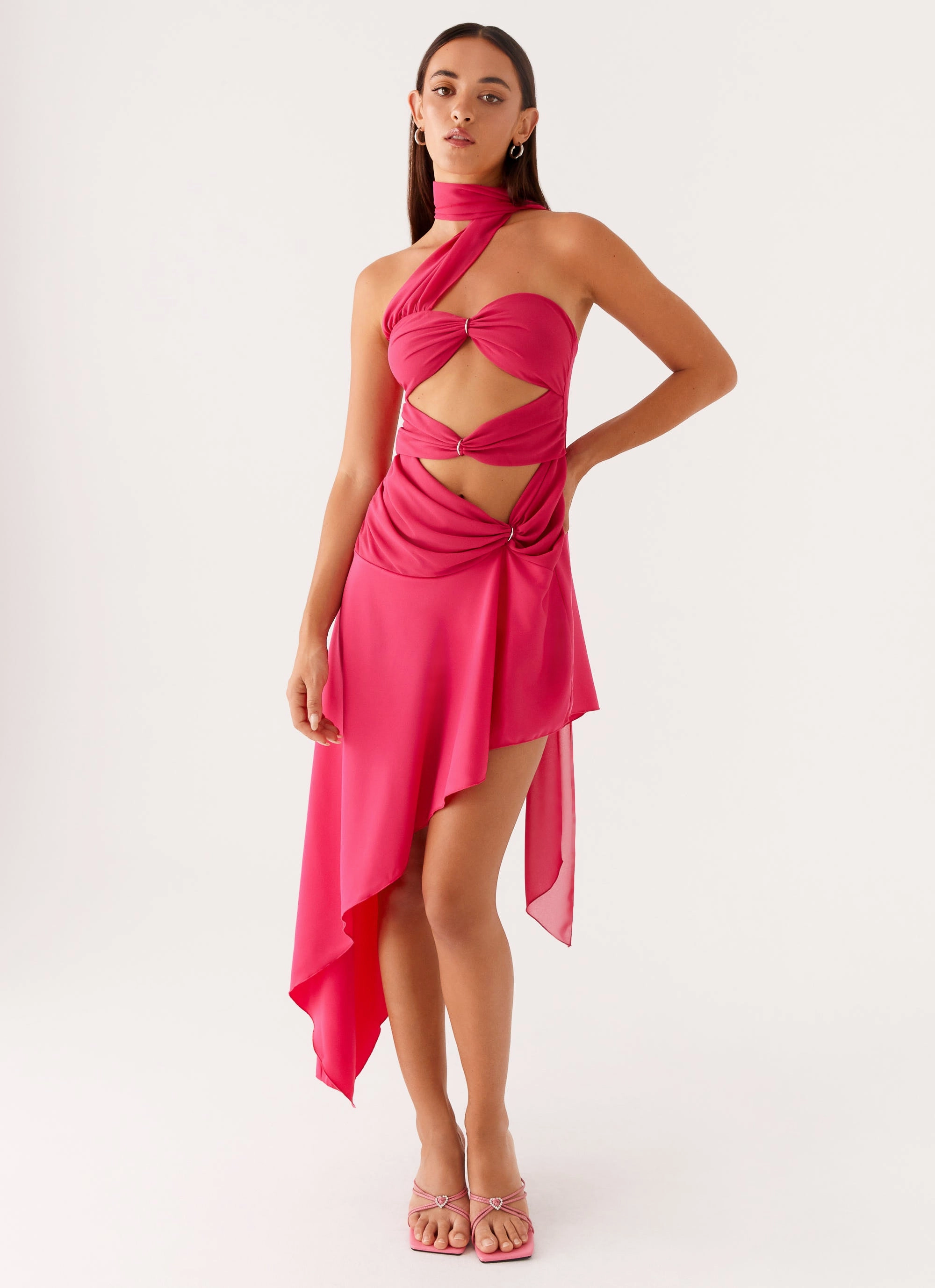 Pleated design Stylish Choice Circa Scarf Midi Dress - Hot Pink