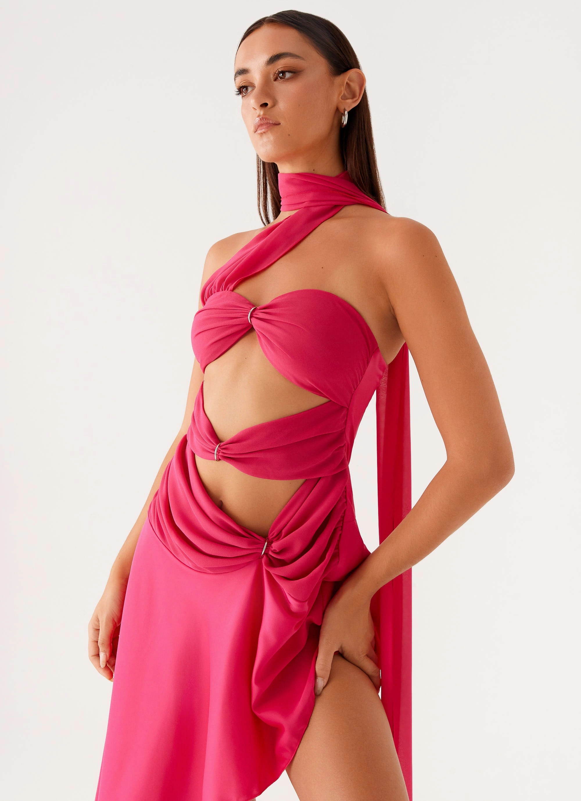 Travel Staple Waist-Cinching Circa Scarf Midi Dress - Hot Pink