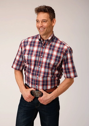 Twill Weave Reinforced Seams Roper Mens 1553 Independence Plaid Blue 100% Cotton Btn S/S Shirt