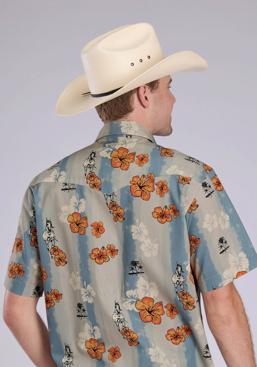 Lace Accent Low Profile Pocket Design Tin Haul Mens Vintage Tropical Blue/Grey 100% Cotton S/S Shirt