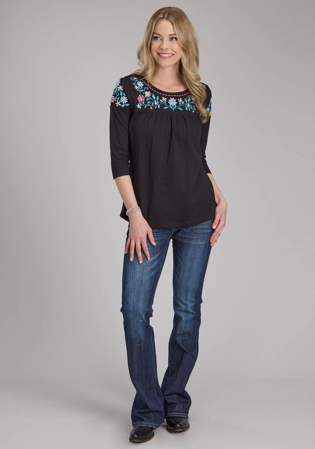 Roper Womens Turquoise Flowers Black 100% Cotton 3/4 Sleeve S/S Blouse Functional Fashion