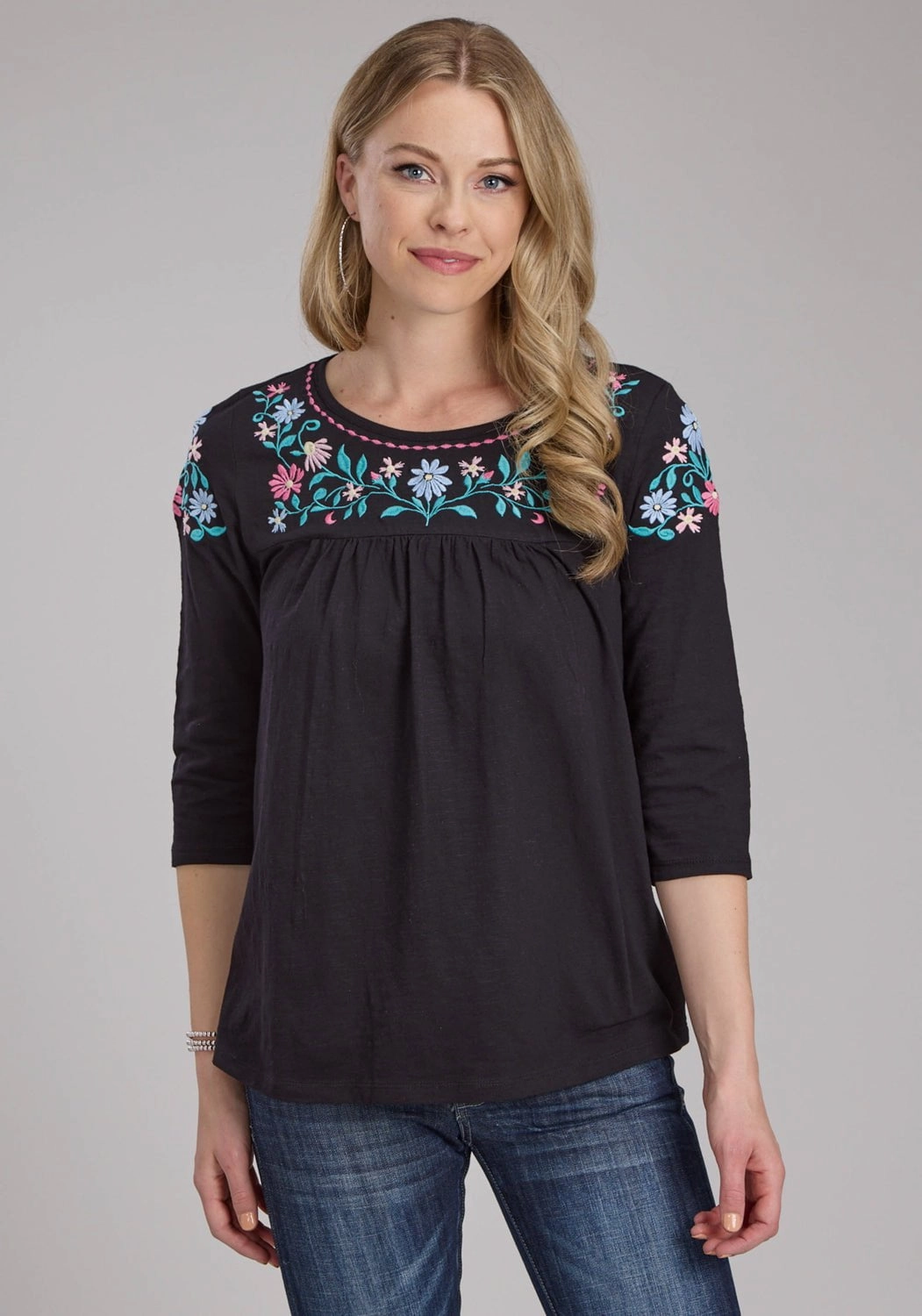 Winter Layering Roper Womens Turquoise Flowers Black 100% Cotton 3/4 Sleeve S/S Blouse