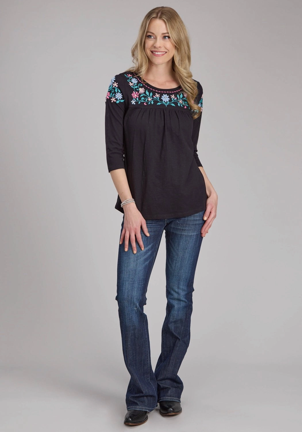 Microfiber Material Roper Womens Turquoise Flowers Black 100% Cotton 3/4 Sleeve S/S Blouse