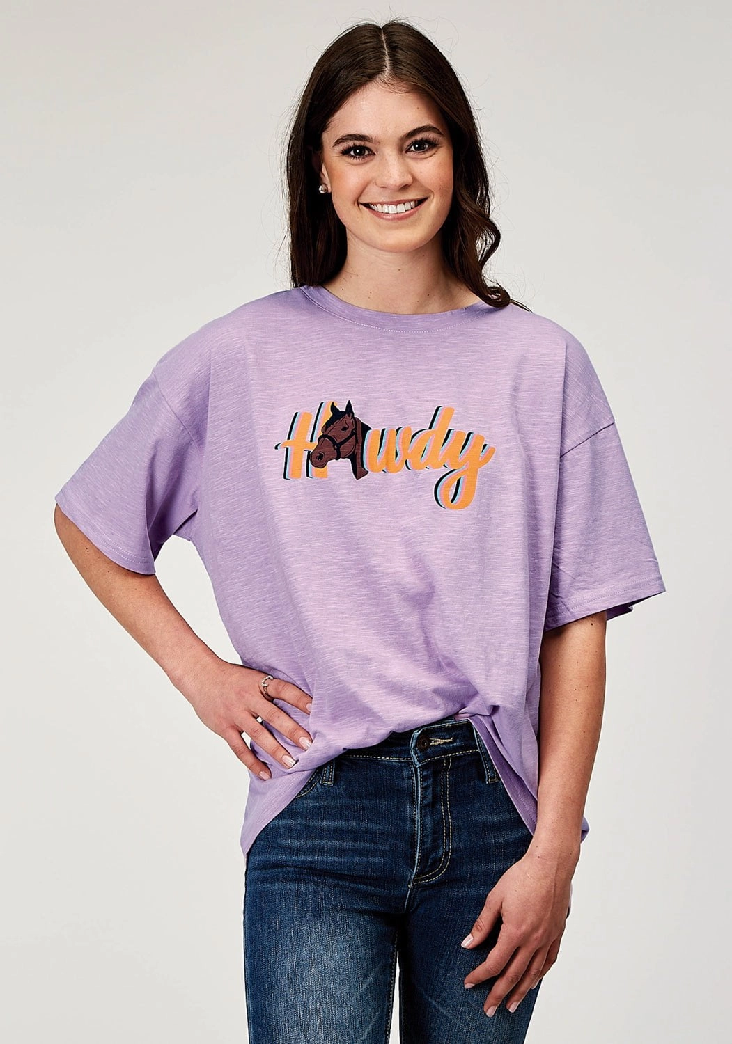 Neutral Tones Tagless label Roper Womens Howdy Horse Lilac 100% Cotton S/S T-Shirt