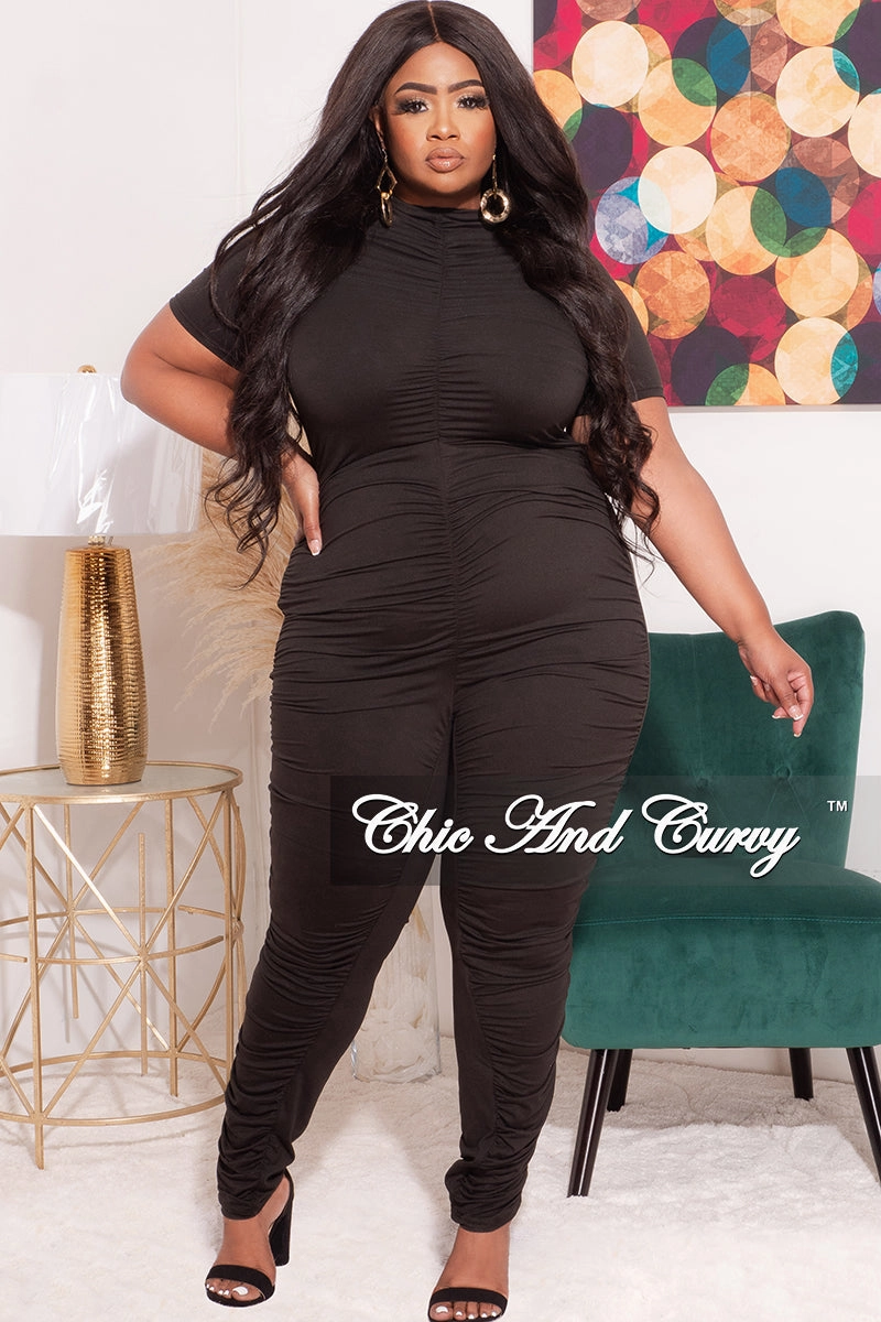 Moisture wicking Final Sale Plus Size Short Sleeve Ruched Jumpsuit in Black
