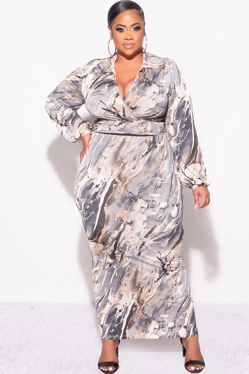 Active Fit Final Sale Plus Size 2pc Long Sleeve Faux Wrap Collar Crop Tie Top and Skirt Set in Grey & Tan Multi Color Print