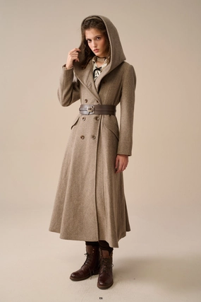 Trista 24 | 100% twill wool hooded coat All-Day Use Interlock Ribbed Collar